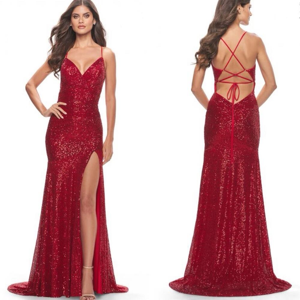 La Femme Lace-Up Open Back Ruched Sequin Floor Length Gown In Red Maroon Size 0